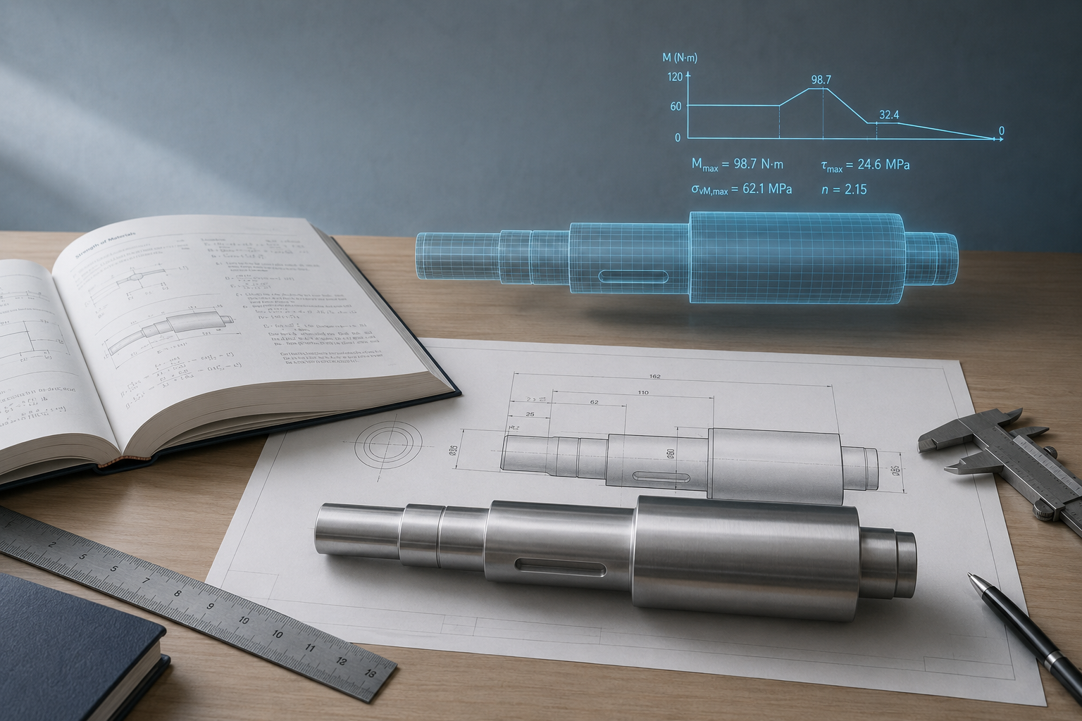 Technische Zeichnung, digitales Berechnungsmodell und reales Bauteil verbinden Lehre und Ingenieurpraxis