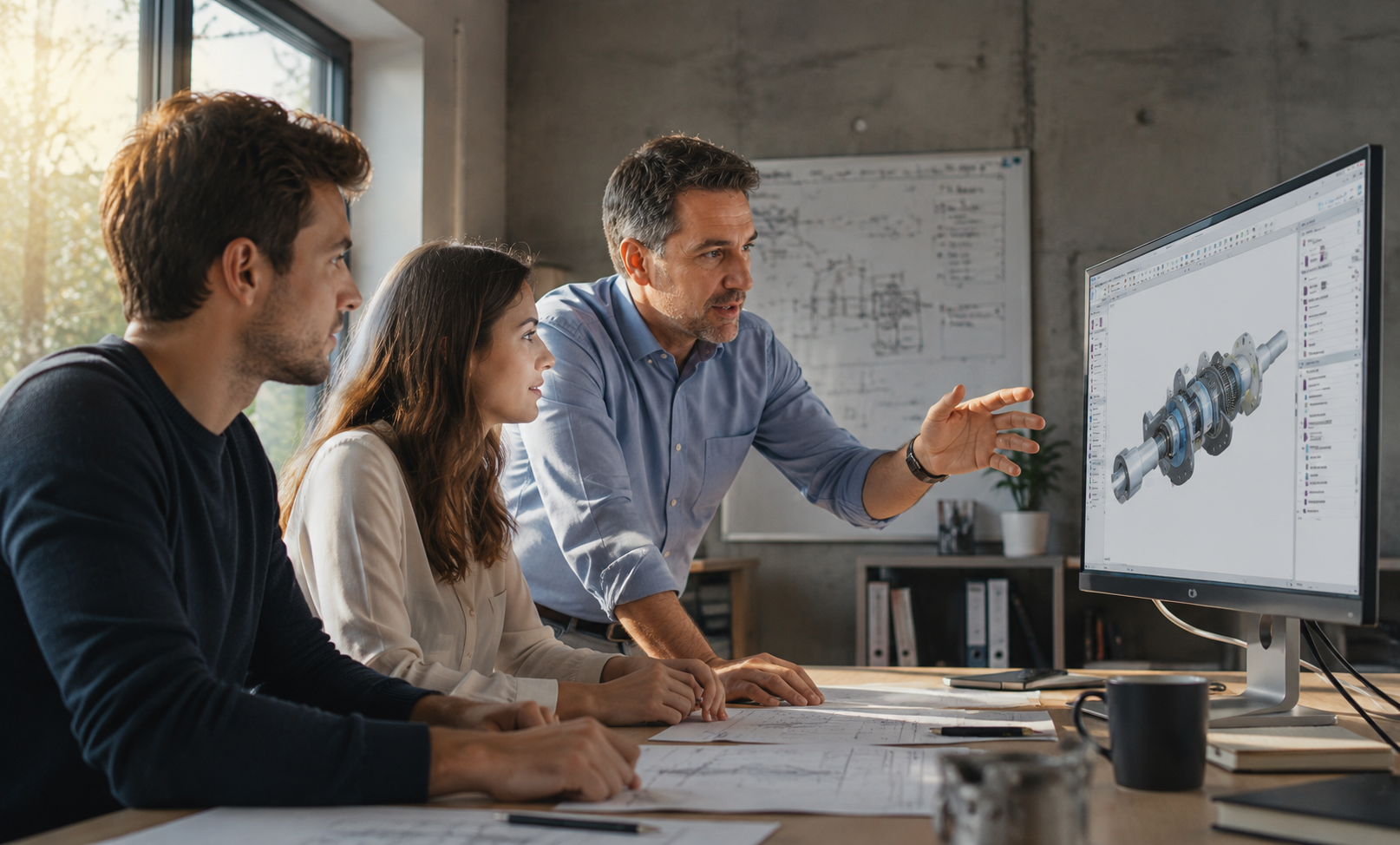 Lehrende und Studierende arbeiten gemeinsam mit technischer Software