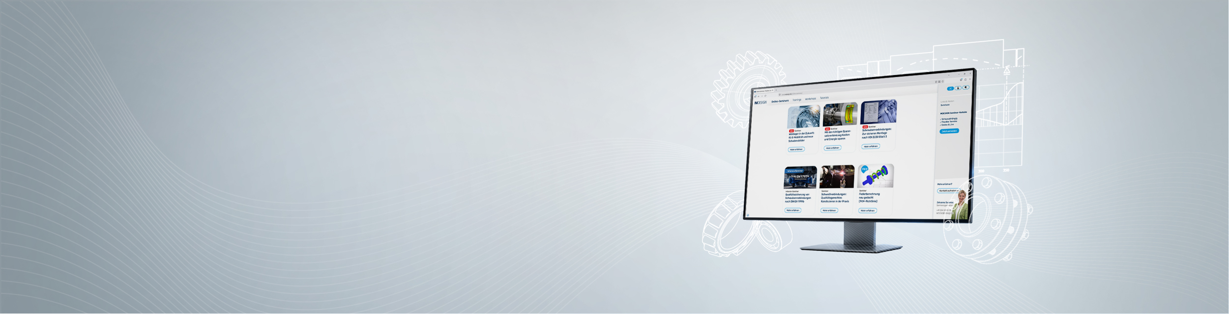 Header image for the seminar overview featuring a monitor, online seminars, and technical drawings of gears and components.
